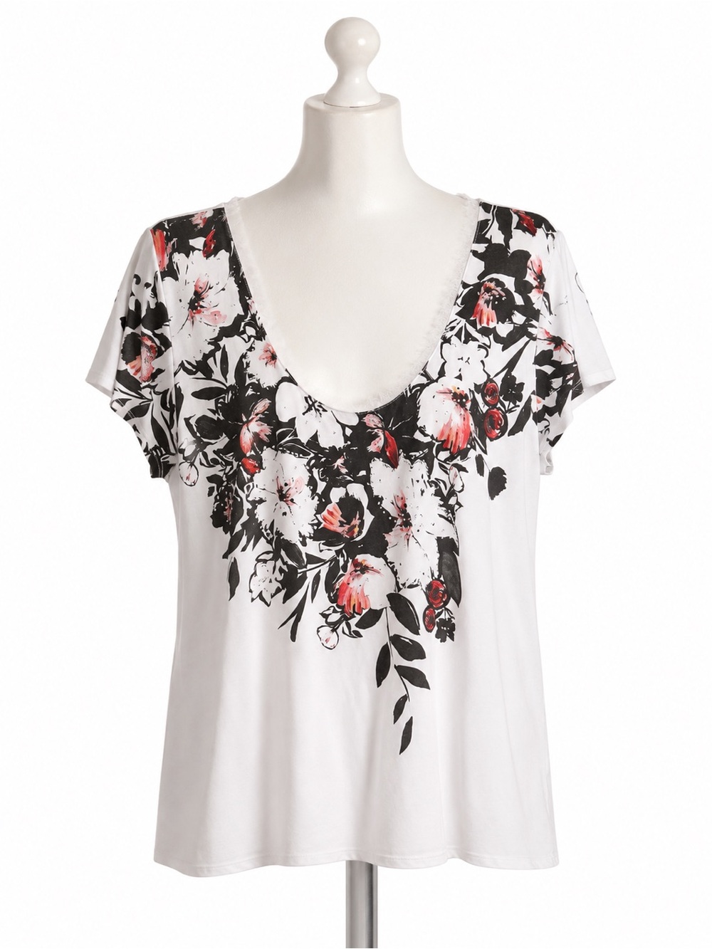 White House Black Market White Scoop Neck Tee with Black & Pink Floral